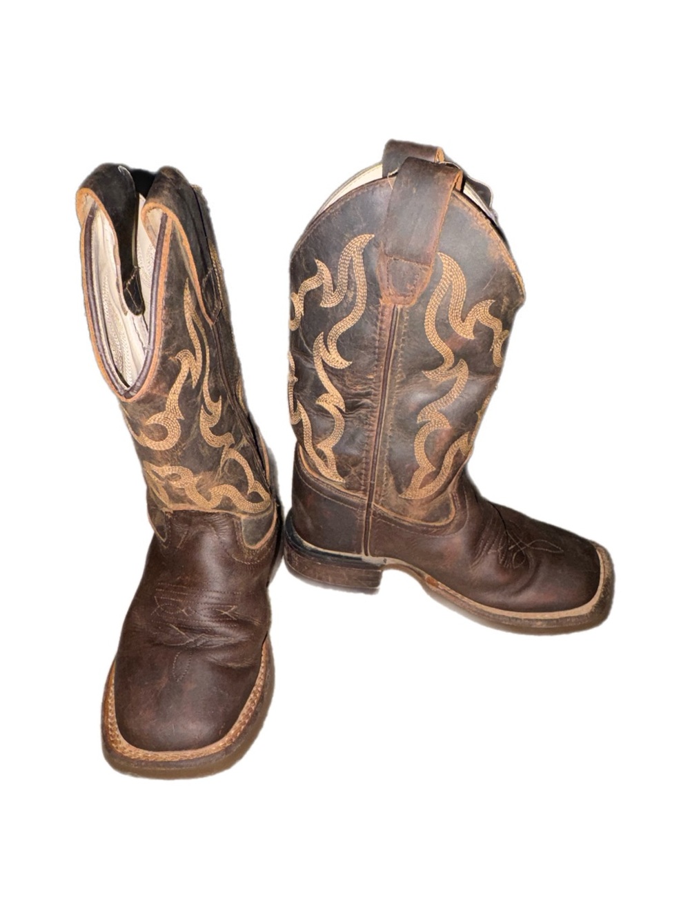 Old West Brown Kids' Leather Western Boots with Tan Stitching size 10/10.5